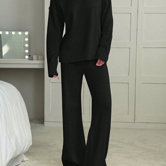 Black Casual Women's Round Neck Long Sleeve Sweater Top And Long Pants Set - Picture 5 of 6